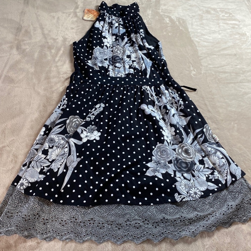 Savage Culture Womens Black Polka Dot Floral Lace Boho Midi Dress Size M READ
